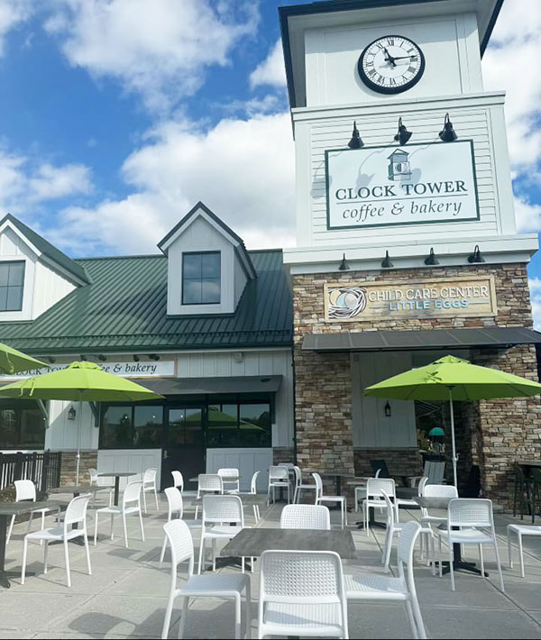 Clock Tower Coffee & Bakery storefront with outside seating